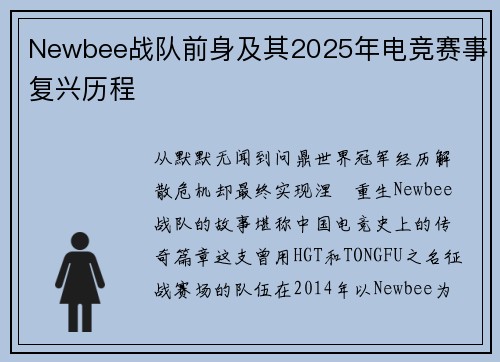 Newbee战队前身及其2025年电竞赛事复兴历程