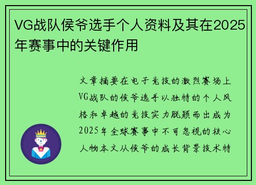 VG战队侯爷选手个人资料及其在2025年赛事中的关键作用